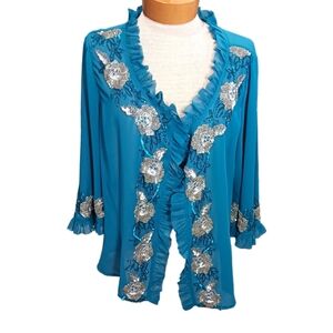 30W Vintage Roaman's Womens Cardigan Blouse Sequins Teal Silver Floral Holidays